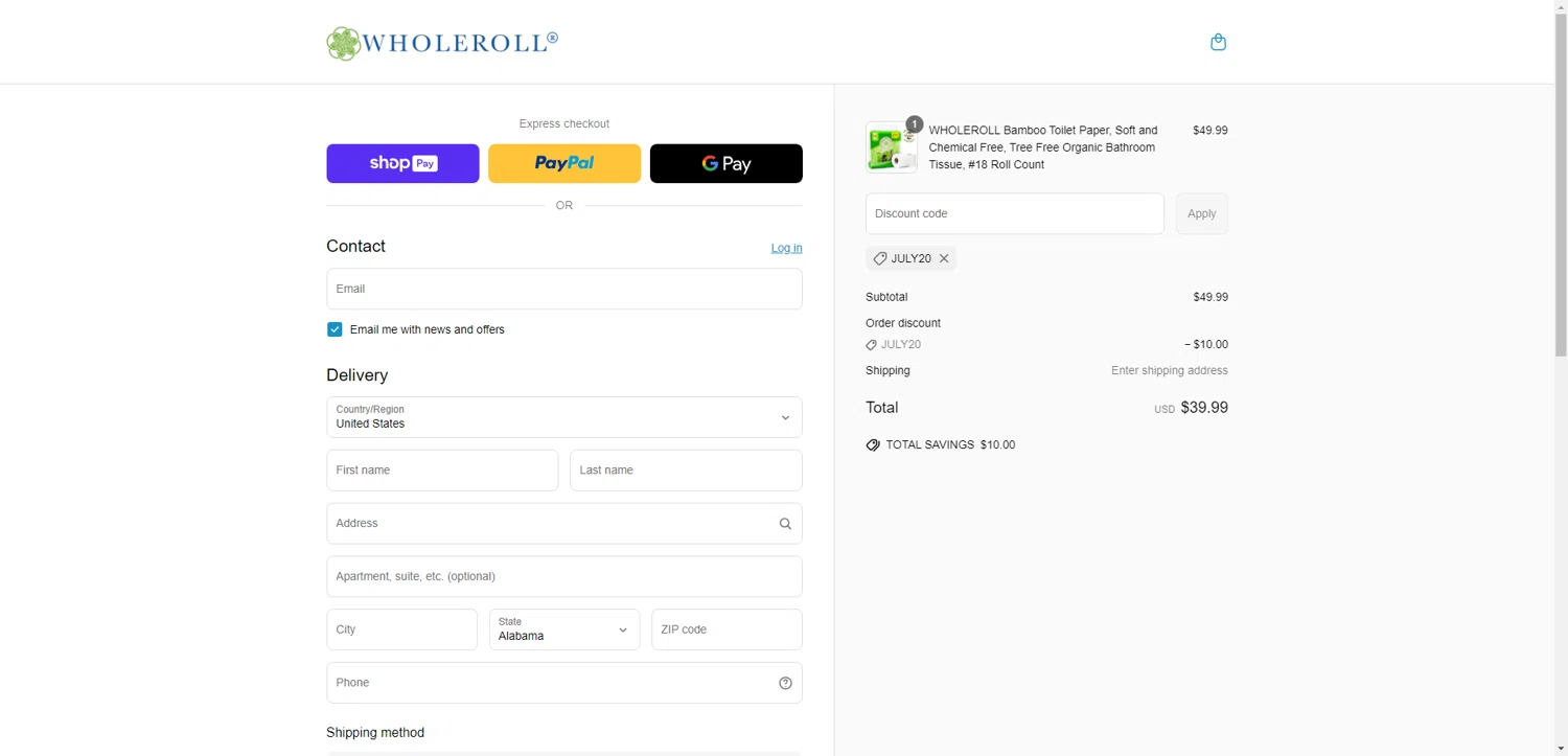 WHOLEROLL promo code screenshot showing code JULY20 applied at WHOLEROLL checkout page. Uploaded by SimplyCodes community member MagnificentTitan6986 on Jun 20, 2025