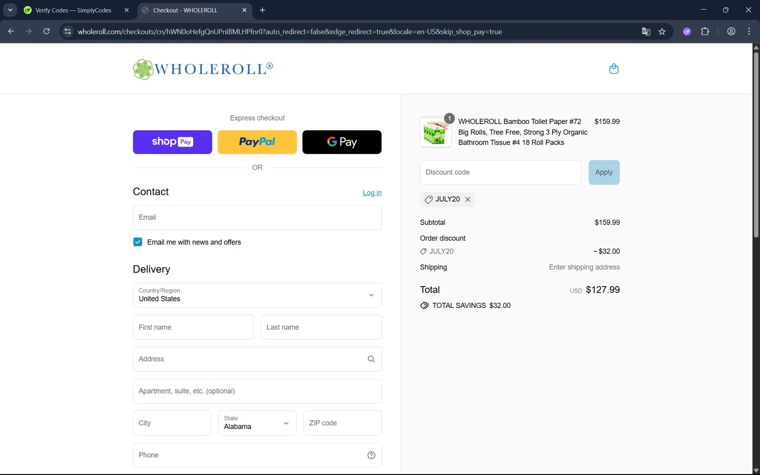 WHOLEROLL promo code screenshot showing code JULY20 applied at WHOLEROLL checkout page. Uploaded by SimplyCodes community member juan1702 on Jul 19, 2025