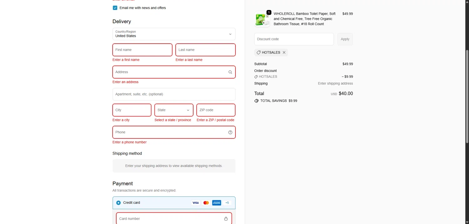 WHOLEROLL checkout page showing WHOLEROLL promo code box | Screenshot taken by SimplyCodes community member on Jan 11, 2026