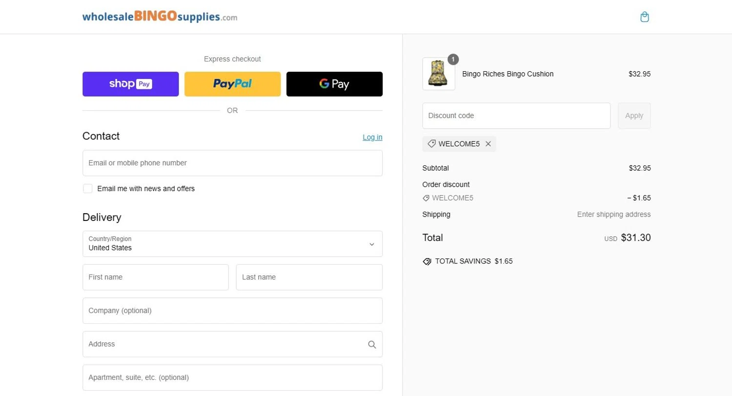 Wholesale Bingo Supplies promo code screenshot showing code WELCOME5 applied at Wholesale Bingo Supplies checkout page. Uploaded by SimplyCodes community member Alydrop on Feb 23, 2025