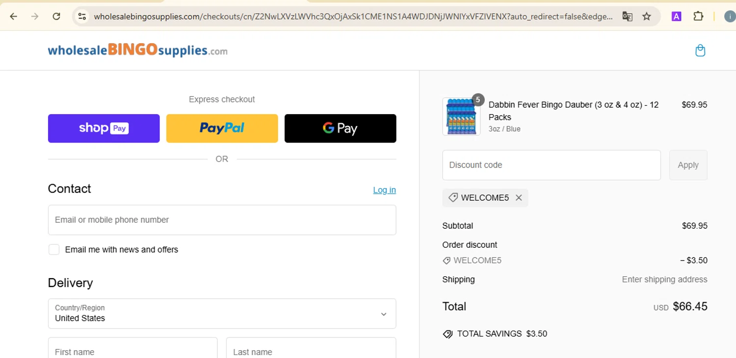Wholesale Bingo Supplies promo code screenshot showing code WELCOME5 applied at Wholesale Bingo Supplies checkout page. Uploaded by SimplyCodes community member PrimeSentinel5869 on Feb 17, 2025