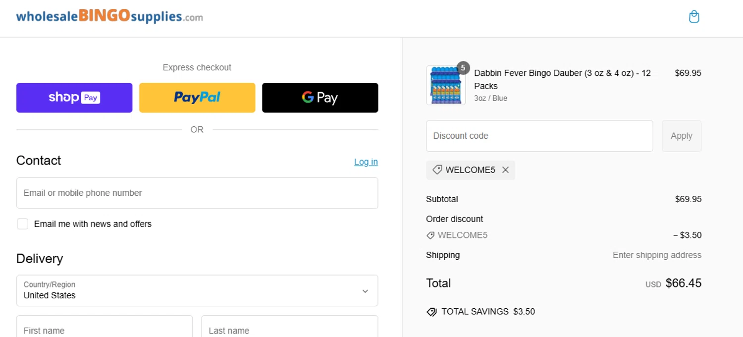 Wholesale Bingo Supplies promo code screenshot showing code WELCOME5 applied at Wholesale Bingo Supplies checkout page. Uploaded by SimplyCodes community member SnoopDogg on Feb 17, 2025