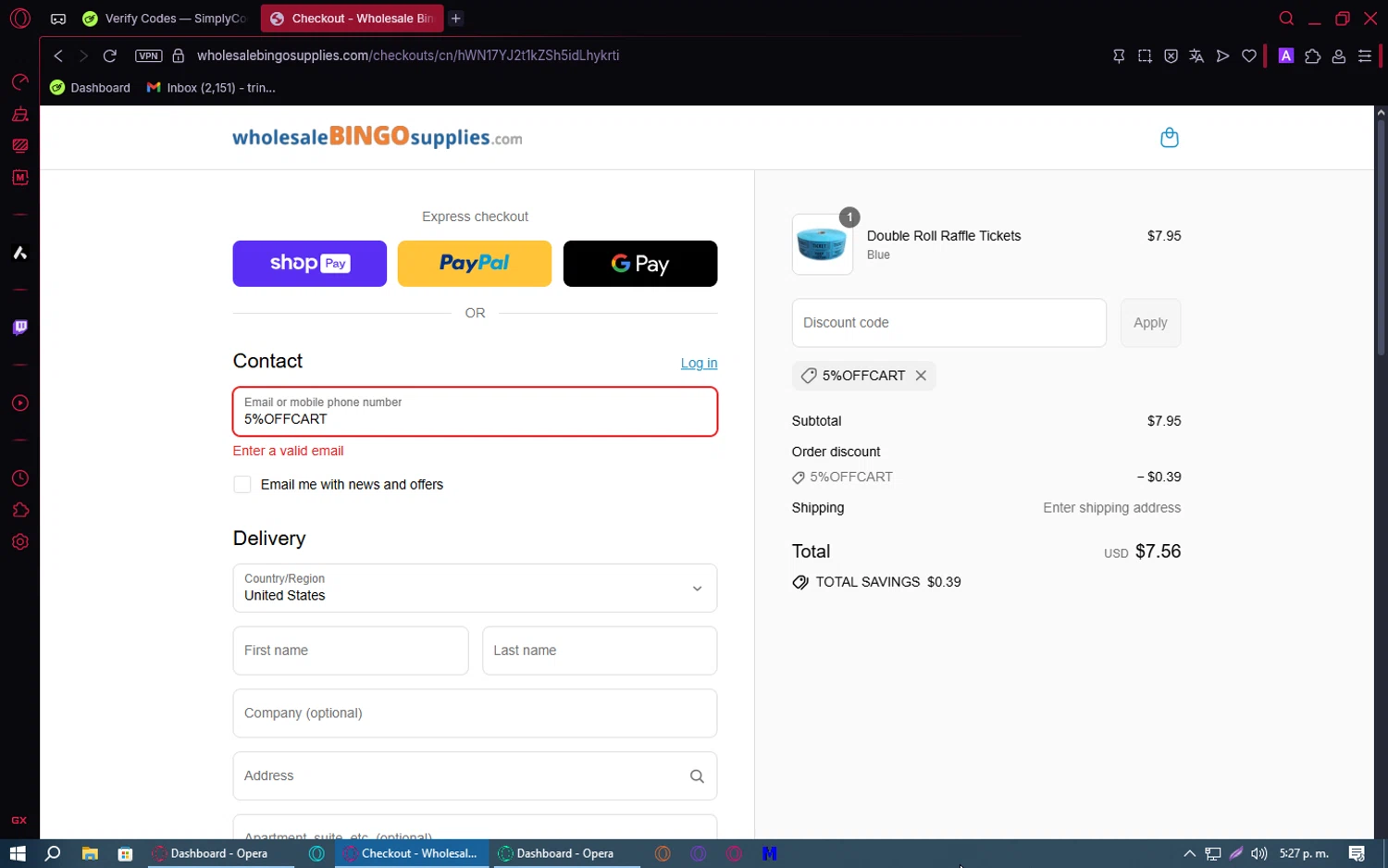 Wholesale Bingo Supplies promo code screenshot showing code 5%OFFCART applied at Wholesale Bingo Supplies checkout page. Uploaded by SimplyCodes community member SaleRanger1759 on Jul 27, 2025