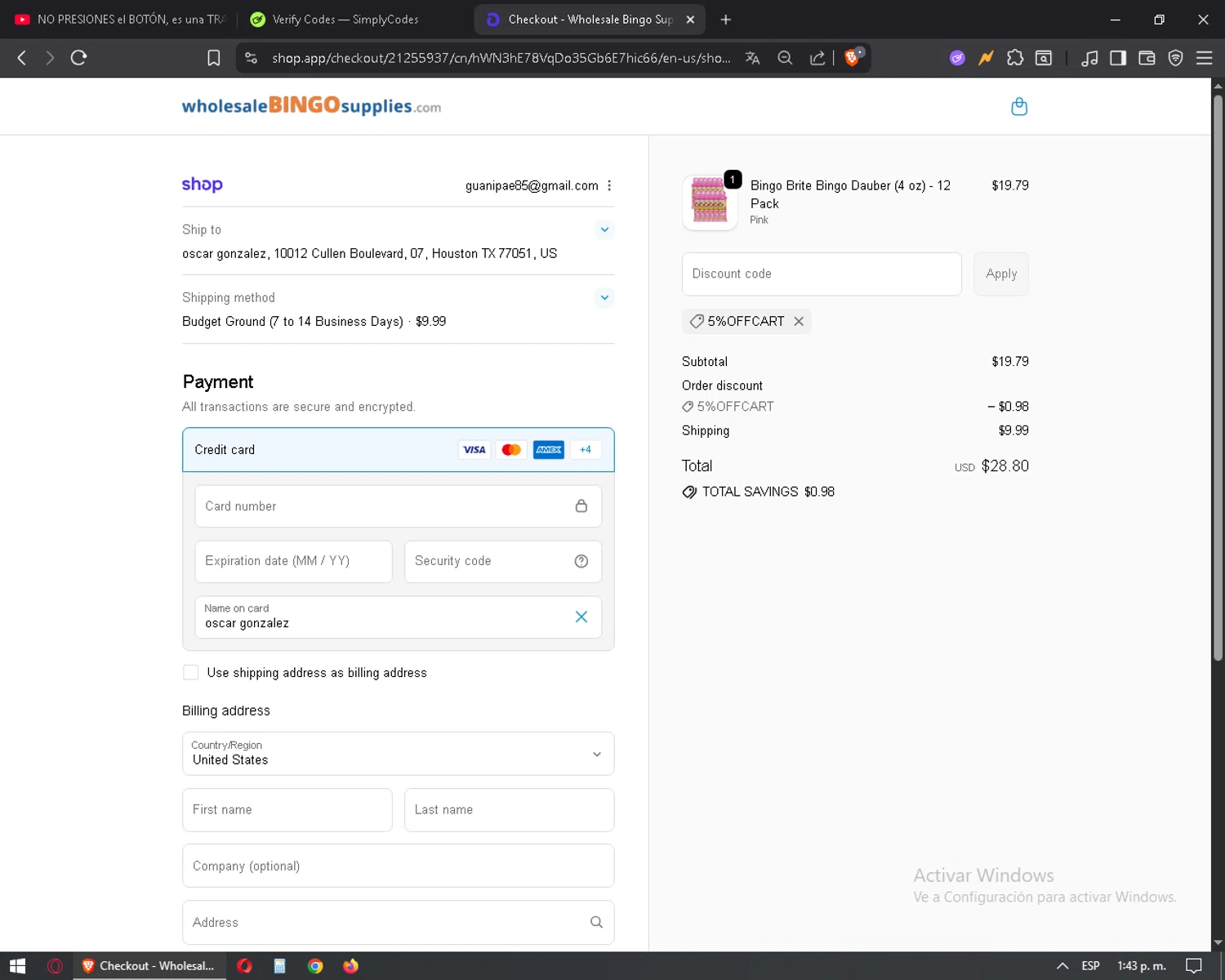 Wholesale Bingo Supplies promo code screenshot showing code 5%OFFCART applied at Wholesale Bingo Supplies checkout page. Uploaded by SimplyCodes community member mixelis on Oct 3, 2025