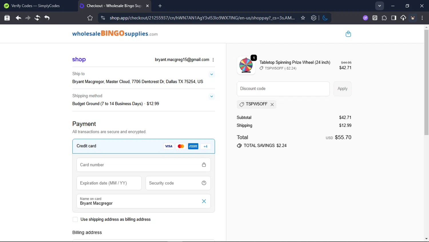 Wholesale Bingo Supplies checkout page showing Wholesale Bingo Supplies promo code box | Screenshot taken by SimplyCodes community member on Jan 3, 2026