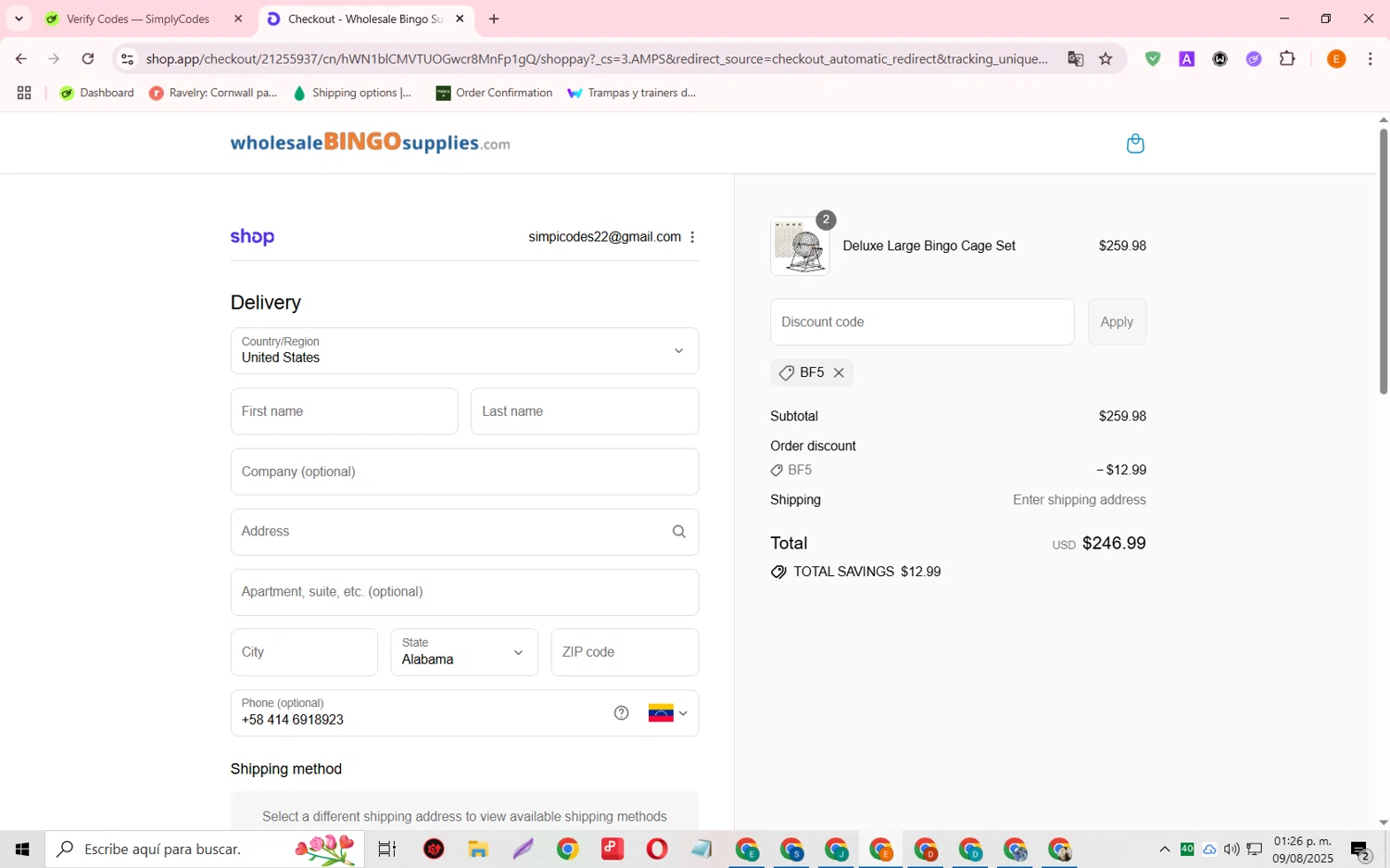 Wholesale Bingo Supplies promo code screenshot showing code BF5 applied at Wholesale Bingo Supplies checkout page. Uploaded by SimplyCodes community member RewardFalcon3197 on Aug 9, 2025