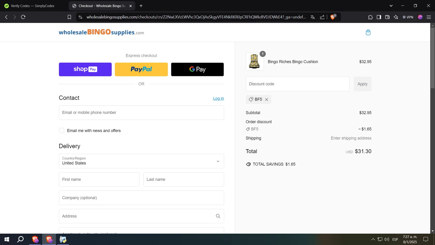 Wholesale Bingo Supplies promo code screenshot showing code BF5 applied at Wholesale Bingo Supplies checkout page. Uploaded by SimplyCodes community member ooooooooooooooooooo on Jan 8, 2025