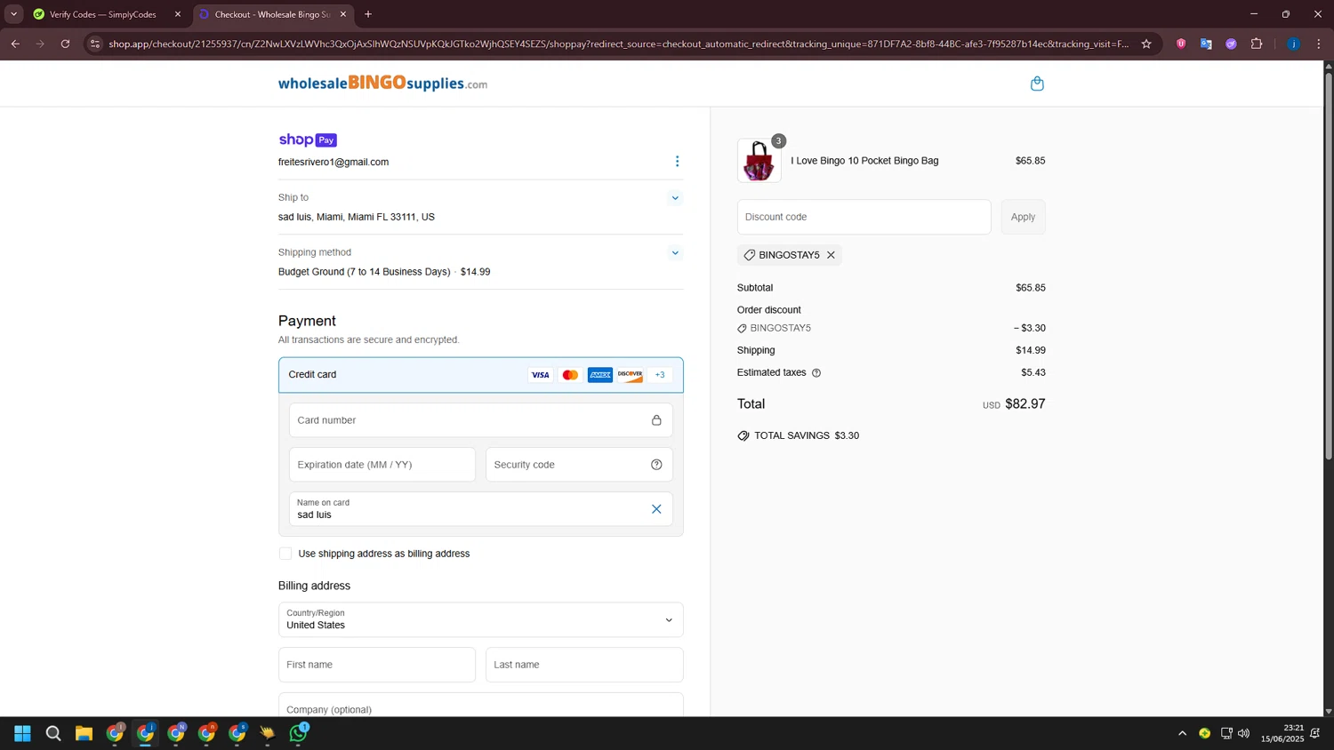 Wholesale Bingo Supplies promo code screenshot showing code BINGOSTAY5 applied at Wholesale Bingo Supplies checkout page. Uploaded by SimplyCodes community member CashLegend3767 on Jun 16, 2025