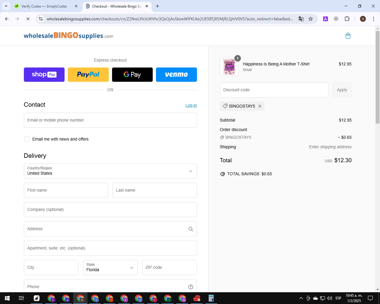 Wholesale Bingo Supplies promo code screenshot showing code BINGOSTAY5 applied at Wholesale Bingo Supplies checkout page. Uploaded by SimplyCodes community member BonusGuardian1649 on Feb 1, 2025