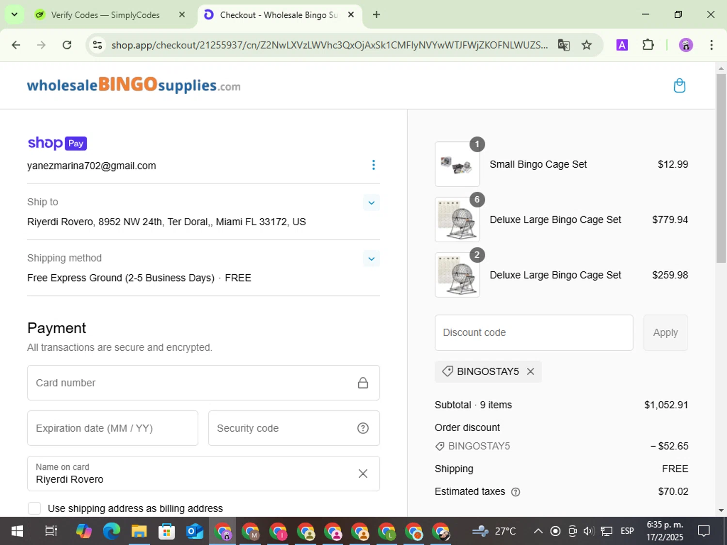Wholesale Bingo Supplies promo code screenshot showing code BINGOSTAY5 applied at Wholesale Bingo Supplies checkout page. Uploaded by SimplyCodes community member PrimeWizard5860 on Feb 17, 2025