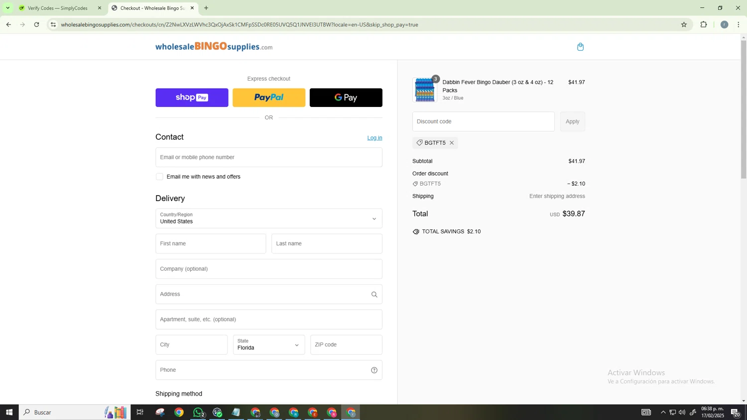 Wholesale Bingo Supplies promo code screenshot showing code BGTFT5 applied at Wholesale Bingo Supplies checkout page. Uploaded by SimplyCodes community member CashScholar6568 on Feb 17, 2025