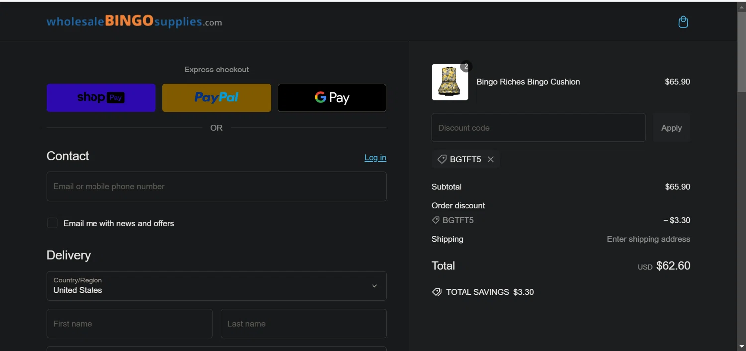 Wholesale Bingo Supplies promo code screenshot showing code BGTFT5 applied at Wholesale Bingo Supplies checkout page. Uploaded by SimplyCodes community member hola_bebe on Jan 23, 2025
