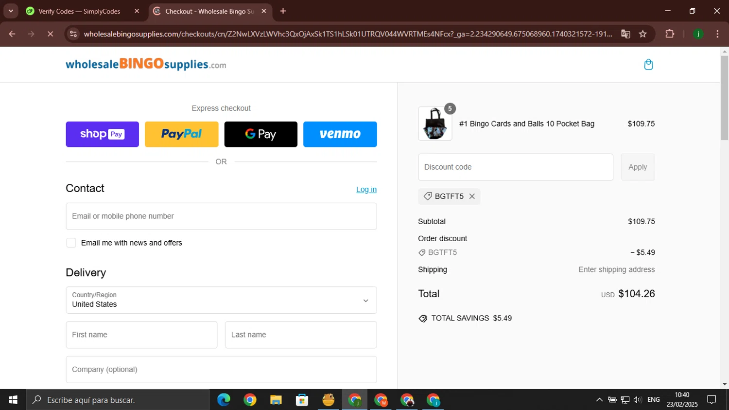 Wholesale Bingo Supplies promo code screenshot showing code BGTFT5 applied at Wholesale Bingo Supplies checkout page. Uploaded by SimplyCodes community member jorgeroz on Feb 23, 2025