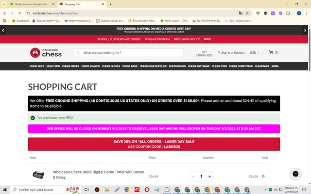 Wholesale Chess checkout page showing Wholesale Chess promo code box | Screenshot taken by SimplyCodes community member on Sep 2, 2025