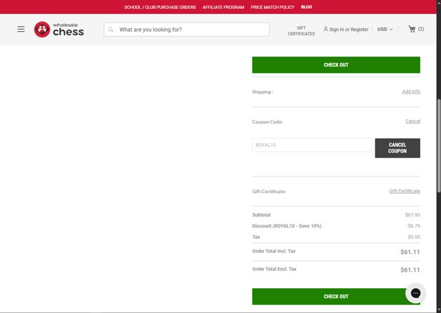 Wholesale Chess checkout page showing Wholesale Chess promo code box | Screenshot taken by SimplyCodes community member on Aug 15, 2025