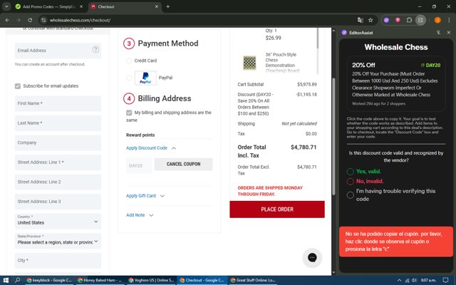 Wholesale Chess checkout page showing Wholesale Chess promo code box | Screenshot taken by SimplyCodes community member on Sep 3, 2025