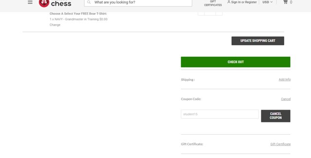 Wholesale Chess checkout page showing Wholesale Chess promo code box | Screenshot taken by SimplyCodes community member on Aug 11, 2025