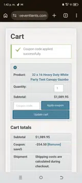 Wholesale Event Tents coupon verification screenshot