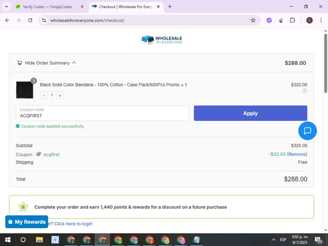 Wholesale For Everyone checkout page showing Wholesale For Everyone promo code box | Screenshot taken by SimplyCodes community member on Jul 9, 2025
