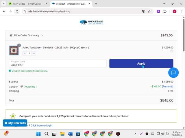 Wholesale For Everyone checkout page showing Wholesale For Everyone promo code box | Screenshot taken by SimplyCodes community member on Jul 26, 2025