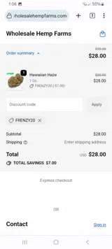 Wholesale Hemp Farms coupon verification screenshot