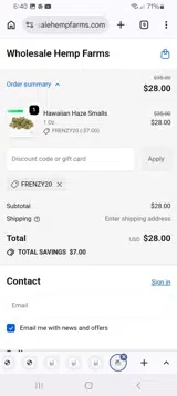 Wholesale Hemp Farms coupon verification screenshot