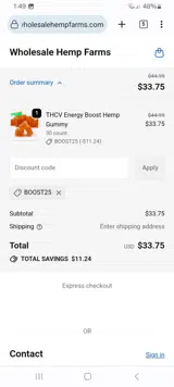 Wholesale Hemp Farms coupon verification screenshot
