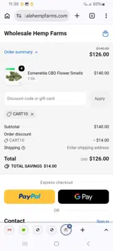 Wholesale Hemp Farms coupon verification screenshot