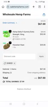 Wholesale Hemp Farms coupon verification screenshot