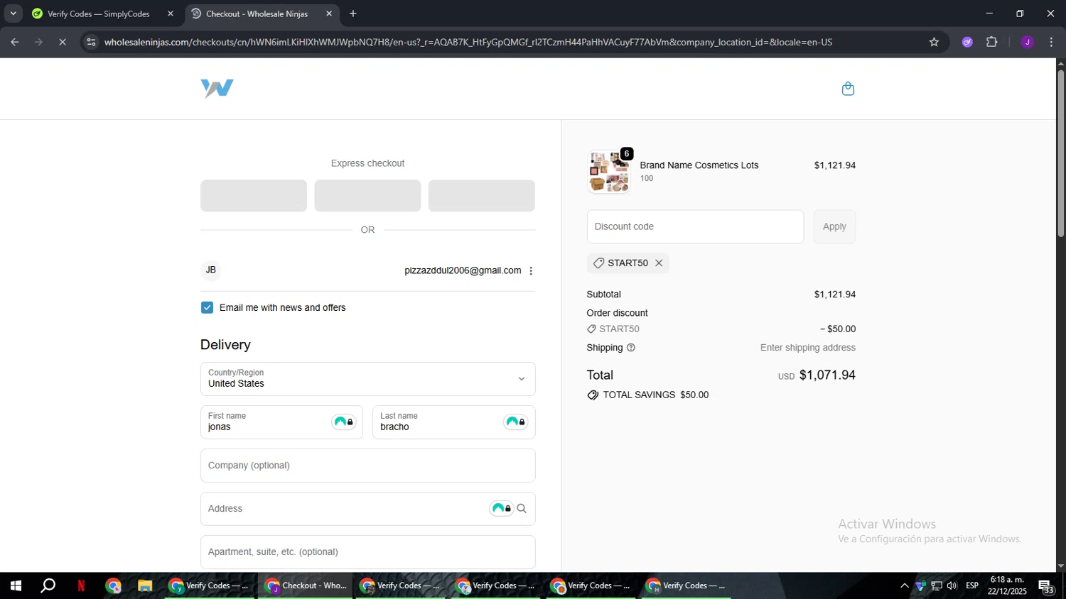 Wholesale Ninjas promo code screenshot showing code START50 applied at Wholesale Ninjas checkout page. Uploaded by SimplyCodes community member ComeBurra123 on Dec 22, 2025