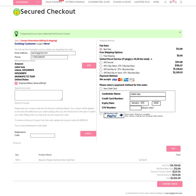 Wholesale Scarves USA checkout page showing Wholesale Scarves USA coupon code box | Screenshot taken by SimplyCodes community member on Feb 19, 2025