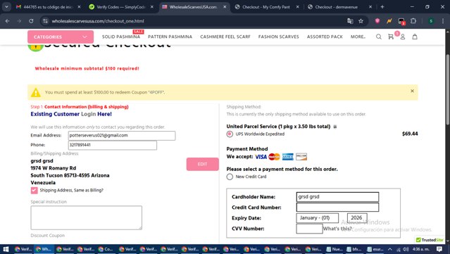 Wholesale Scarves USA checkout page showing Wholesale Scarves USA coupon code box | Screenshot taken by SimplyCodes community member on Jun 23, 2025