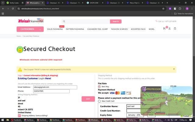Wholesale Scarves USA checkout page showing Wholesale Scarves USA coupon code box | Screenshot taken by SimplyCodes community member on Mar 20, 2025
