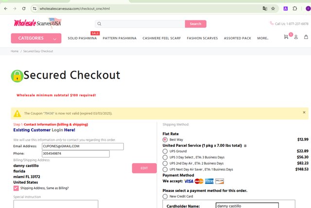 Wholesale Scarves USA checkout page showing Wholesale Scarves USA coupon code box | Screenshot taken by SimplyCodes community member on Mar 20, 2025