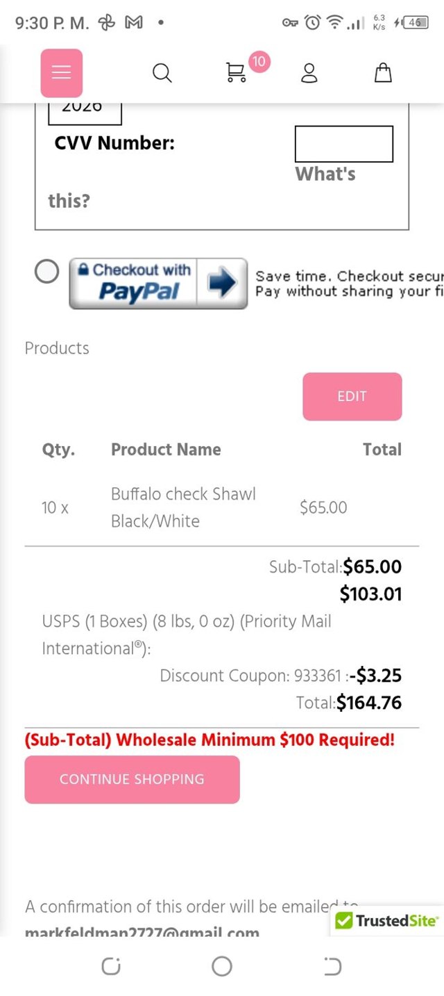 Wholesale Scarves USA checkout page showing Wholesale Scarves USA coupon code box | Screenshot taken by SimplyCodes community member on May 8, 2025