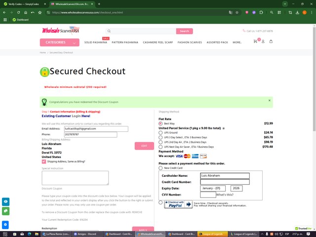Wholesale Scarves USA checkout page showing Wholesale Scarves USA coupon code box | Screenshot taken by SimplyCodes community member on Aug 22, 2025