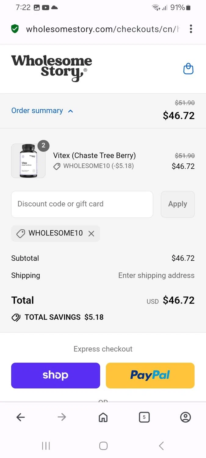 Wholesome Story discount code screenshot showing code WHOLESOME10 applied at Wholesome Story checkout page. Uploaded by SimplyCodes community member MoneyMaven5115 on Sep 1, 2025
