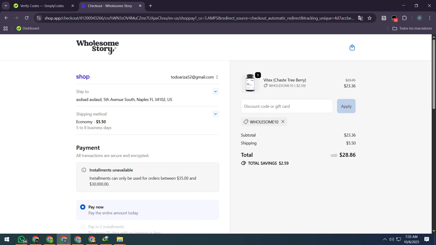 Wholesome Story discount code screenshot showing code WHOLESOME10 applied at Wholesome Story checkout page. Uploaded by SimplyCodes community member Rei_Chikita_uwu on Oct 8, 2025