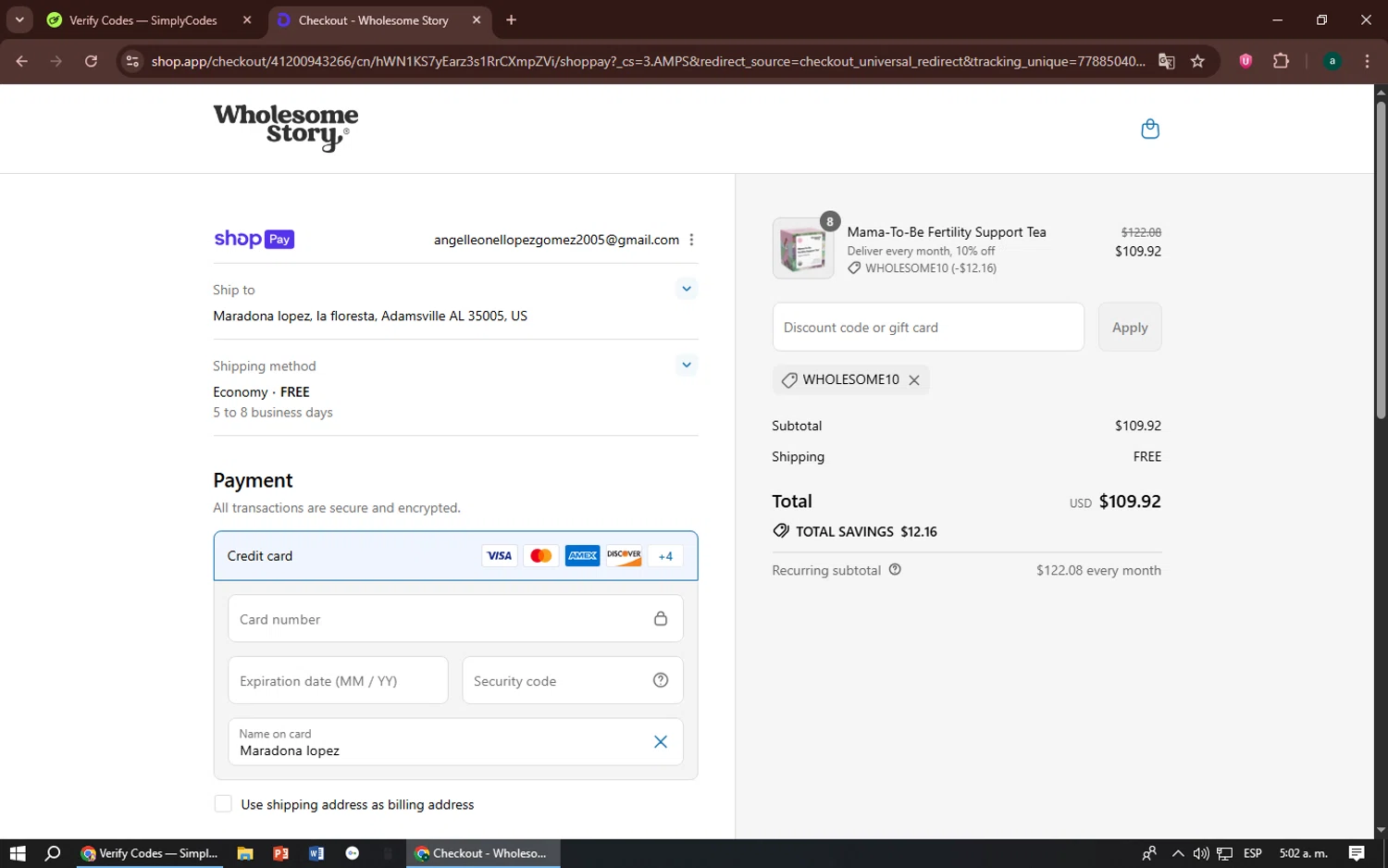 Wholesome Story discount code screenshot showing code WHOLESOME10 applied at Wholesome Story checkout page. Uploaded by SimplyCodes community member zizu55 on Aug 2, 2025
