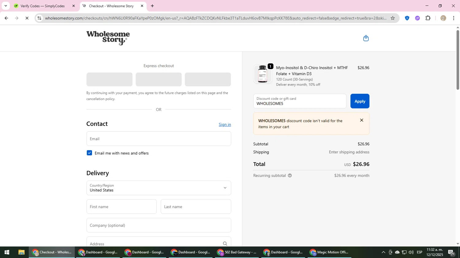 Wholesome Story discount code screenshot showing code WHOLESOME5 applied at Wholesome Story checkout page. Uploaded by SimplyCodes community member NobleScholar4826 on Dec 12, 2025