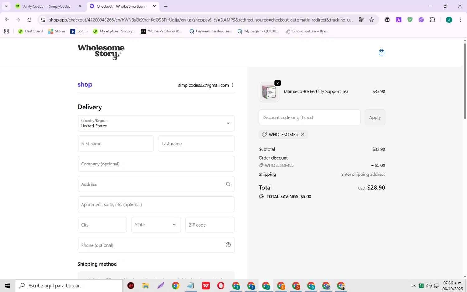 Wholesome Story discount code screenshot showing code WHOLESOME5 applied at Wholesome Story checkout page. Uploaded by SimplyCodes community member SarayH on Oct 8, 2025