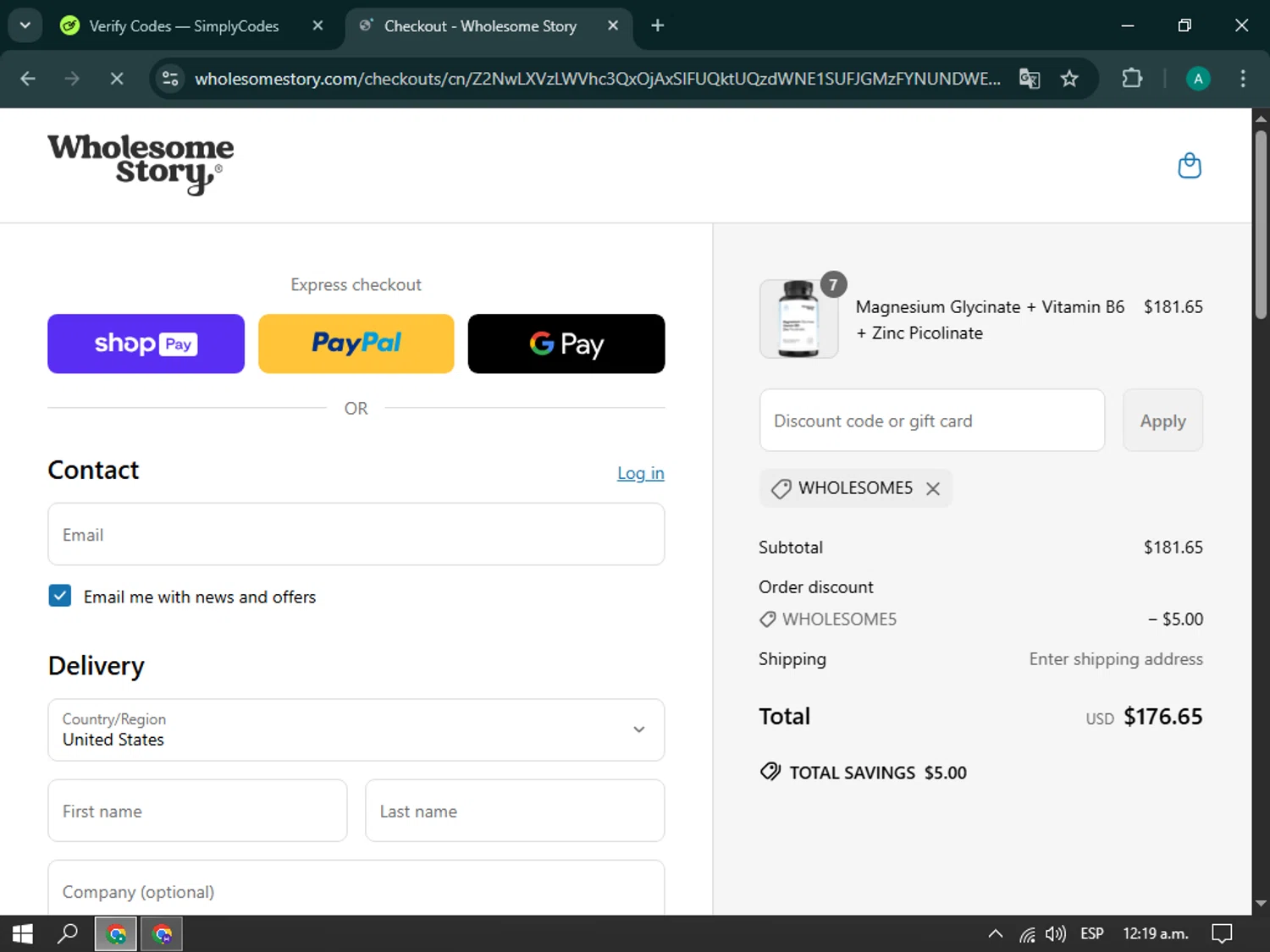 Wholesome Story discount code screenshot showing code WHOLESOME5 applied at Wholesome Story checkout page. Uploaded by SimplyCodes community member brianoconner on Apr 2, 2025