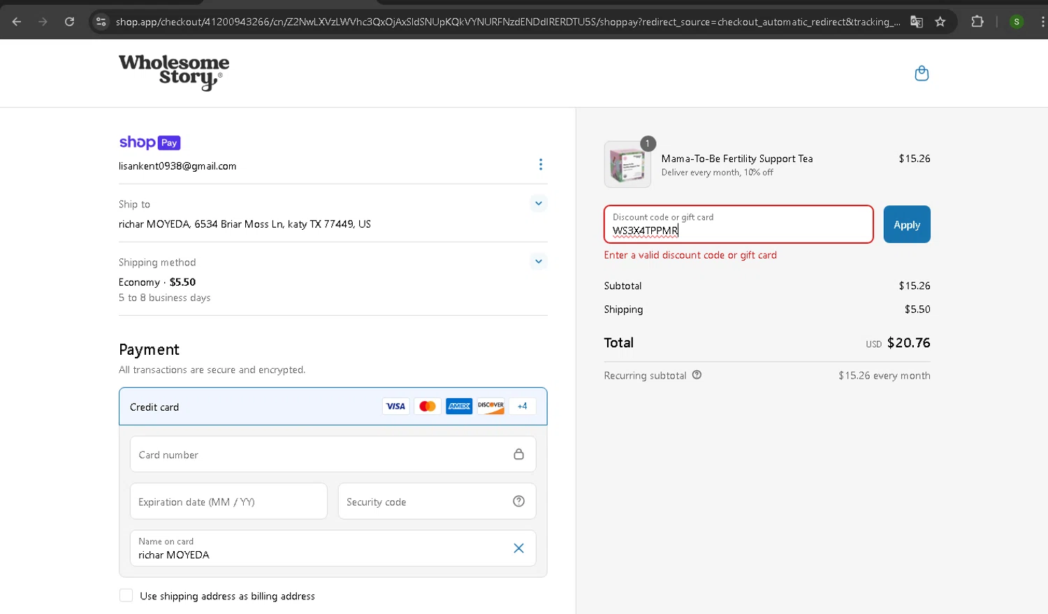 Wholesome Story discount code screenshot showing code WS3X4TPPMR applied at Wholesome Story checkout page. Uploaded by SimplyCodes community member CodeTiger886 on Jun 2, 2025