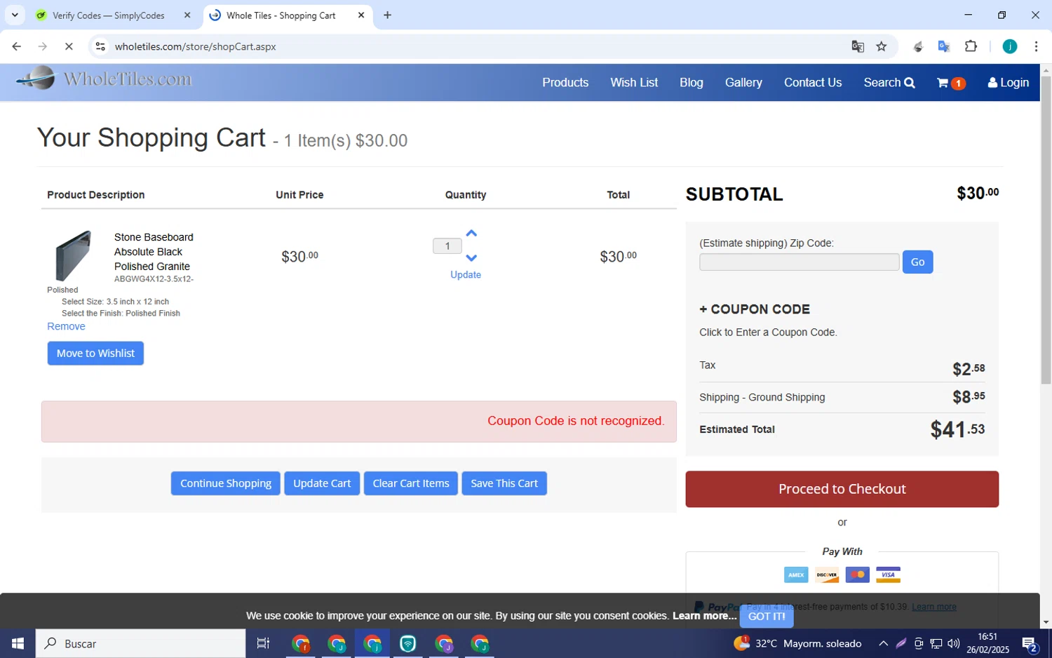 WholeTiles.com coupon code screenshot showing code FRIDAY23 applied at WholeTiles.com checkout page. Uploaded by SimplyCodes community member Juan_collug on Feb 26, 2025