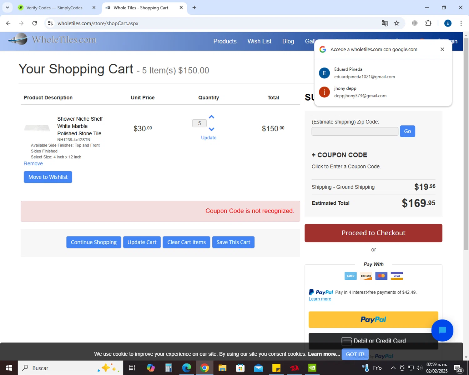 WholeTiles.com coupon code screenshot showing code FRIDAY23 applied at WholeTiles.com checkout page. Uploaded by SimplyCodes community member GoldSaver5472 on Feb 2, 2025