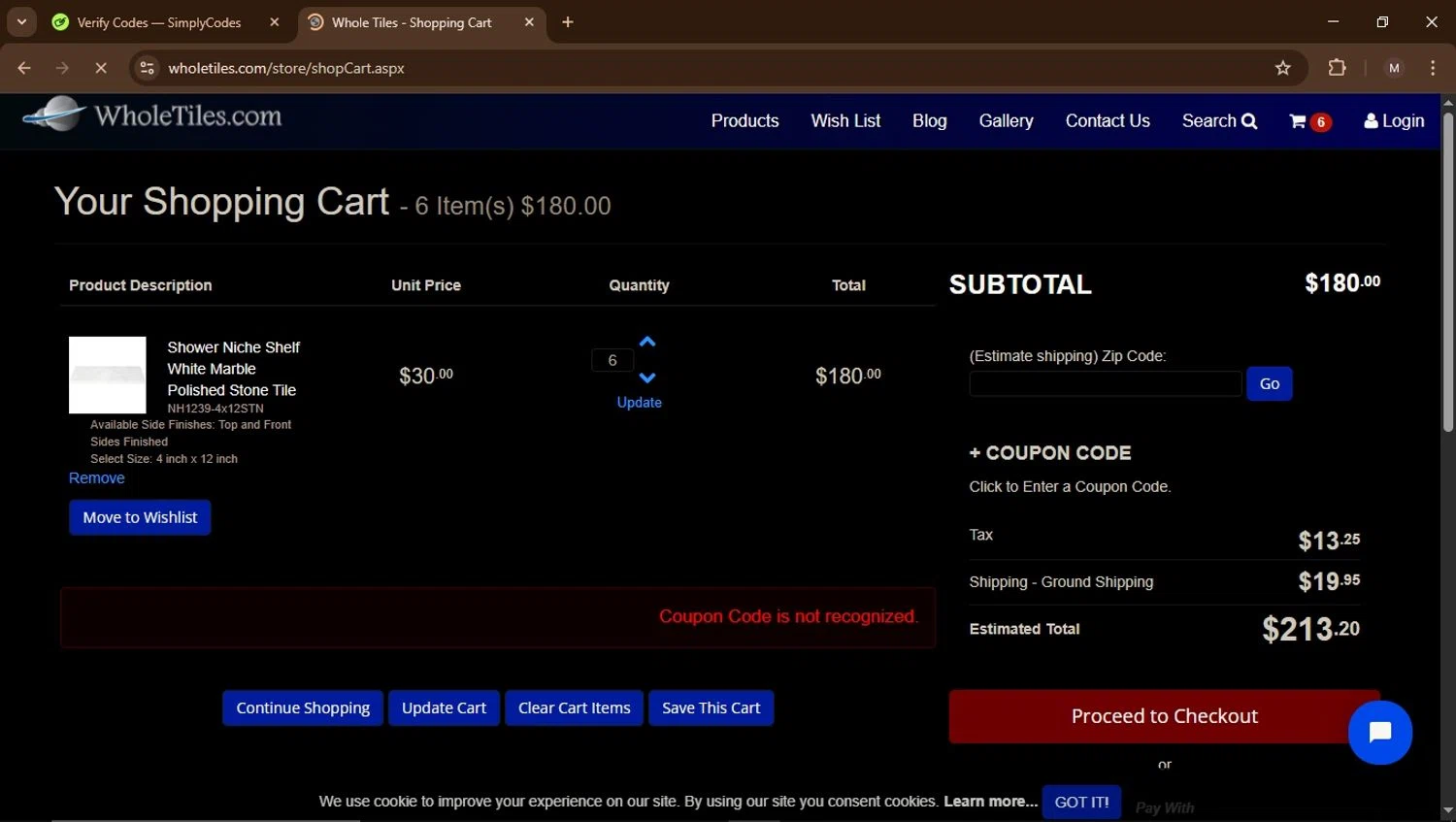 WholeTiles.com coupon code screenshot showing code CYBER23 applied at WholeTiles.com checkout page. Uploaded by SimplyCodes community member Carrillojose on Mar 9, 2025