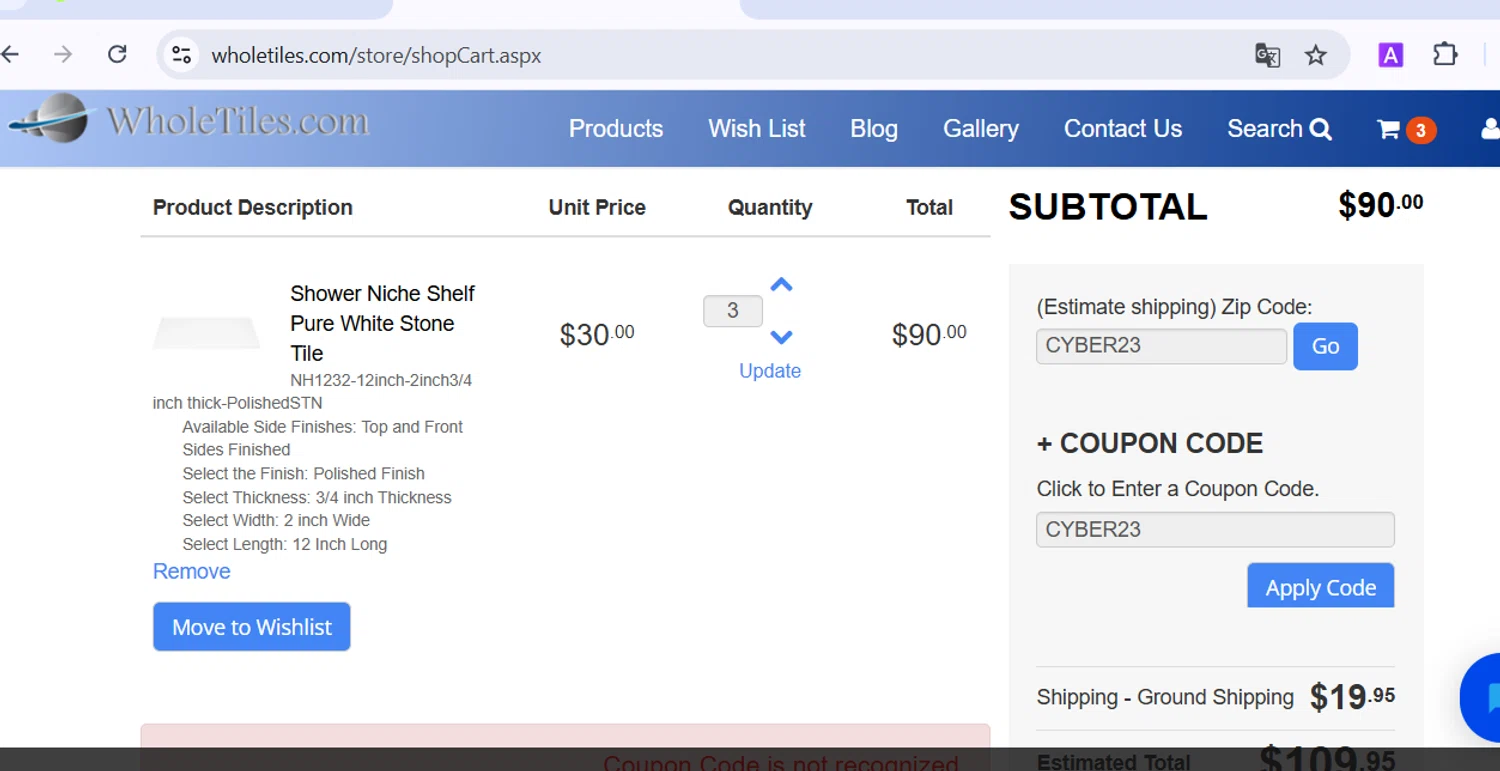 WholeTiles.com checkout page showing WholeTiles.com coupon code box | Screenshot taken by SimplyCodes community member on Nov 17, 2024