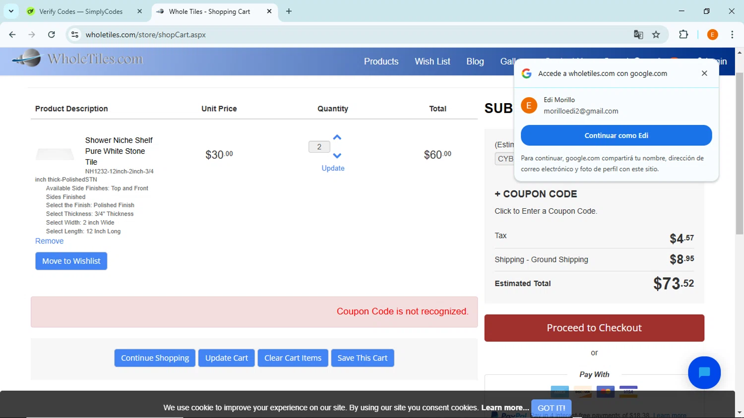 WholeTiles.com coupon code screenshot showing code CYBER23 applied at WholeTiles.com checkout page. Uploaded by SimplyCodes community member BudgetFox5491 on Feb 1, 2025