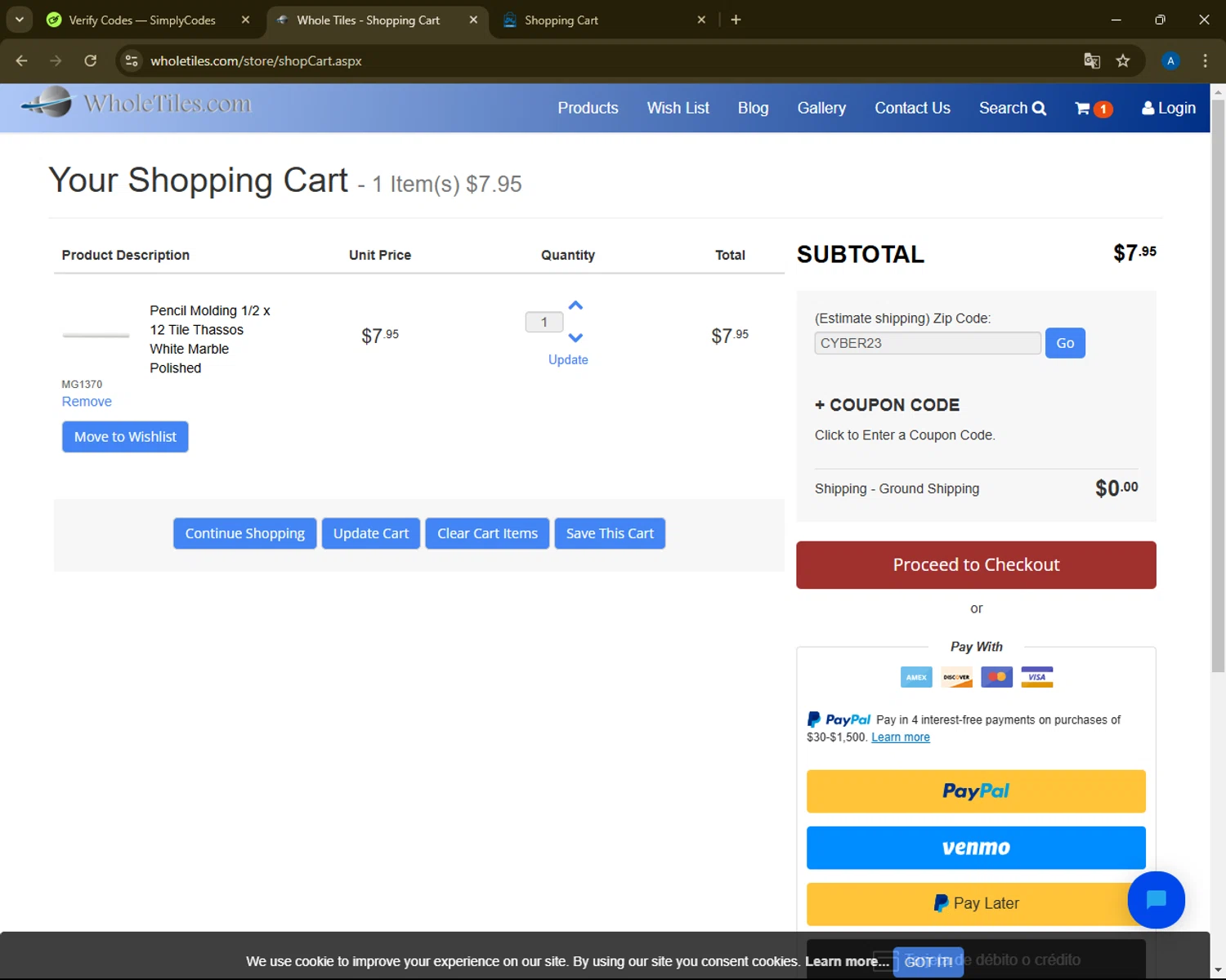 WholeTiles.com checkout page showing WholeTiles.com coupon code box | Screenshot taken by SimplyCodes community member on Nov 11, 2024