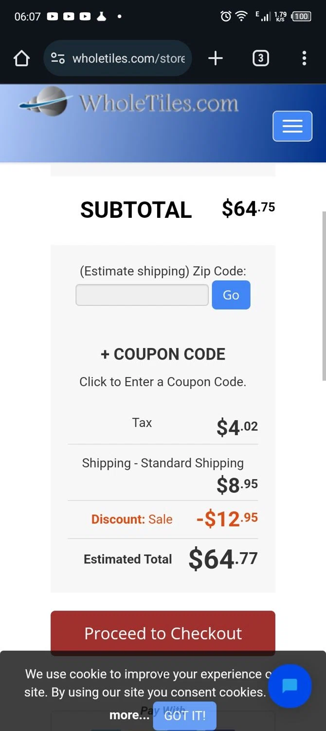 WholeTiles.com checkout page showing WholeTiles.com coupon code box | Screenshot taken by SimplyCodes community member on Mar 19, 2024